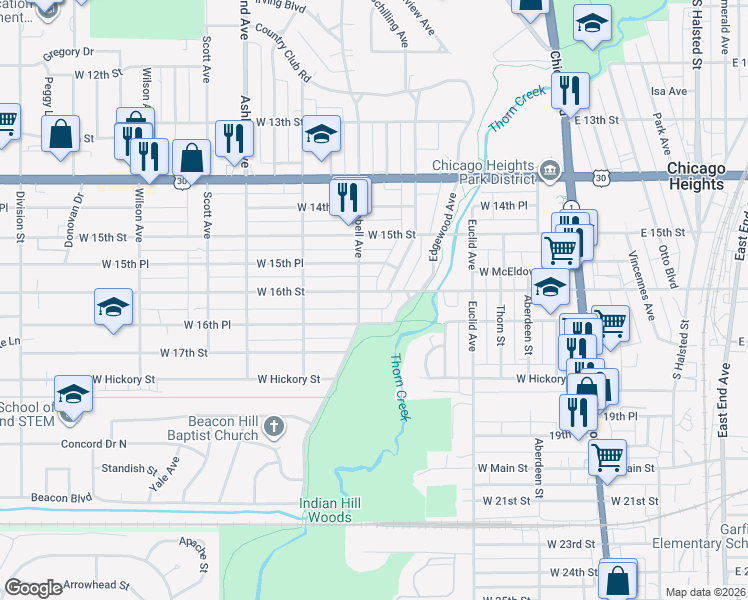 map of restaurants, bars, coffee shops, grocery stores, and more near 194 West 16th Street in Chicago Heights