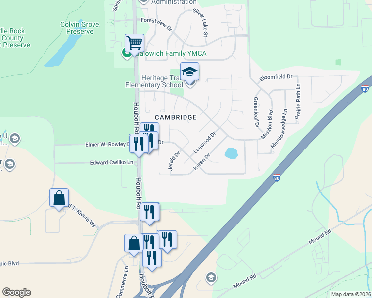 map of restaurants, bars, coffee shops, grocery stores, and more near 1114 Jerald Drive in Joliet