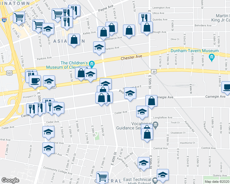 map of restaurants, bars, coffee shops, grocery stores, and more near 4208 Prospect Ave in Cleveland