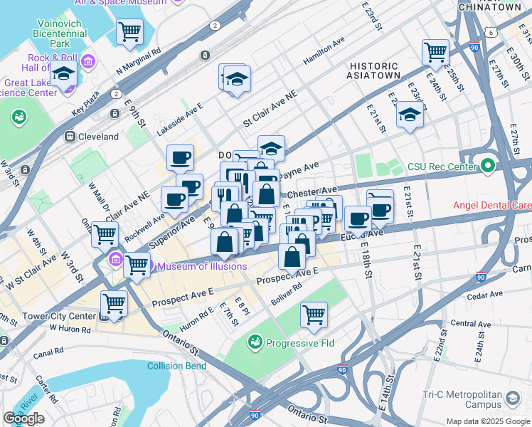 map of restaurants, bars, coffee shops, grocery stores, and more near 1801 East 12th Street in Cleveland
