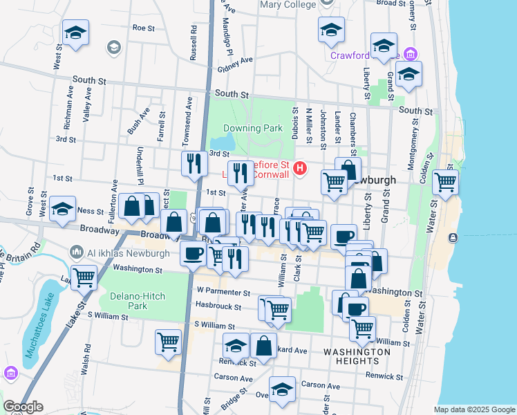 map of restaurants, bars, coffee shops, grocery stores, and more near 43 Lutheran Street in Newburgh