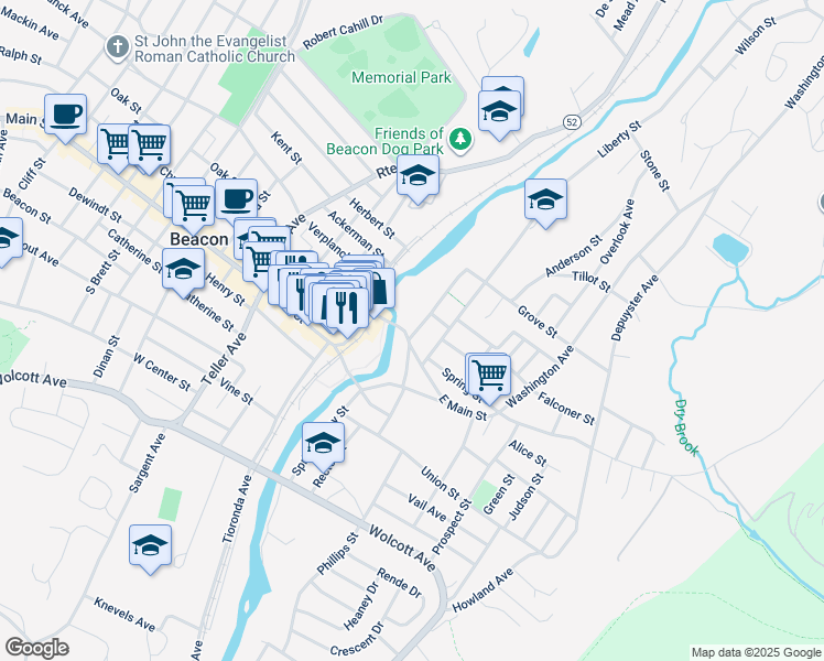 map of restaurants, bars, coffee shops, grocery stores, and more near 20 East Main Street in Beacon