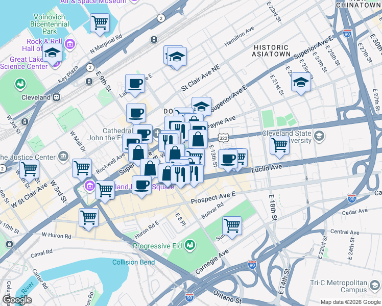 map of restaurants, bars, coffee shops, grocery stores, and more near Chester Avenue & East 12th Street in Cleveland