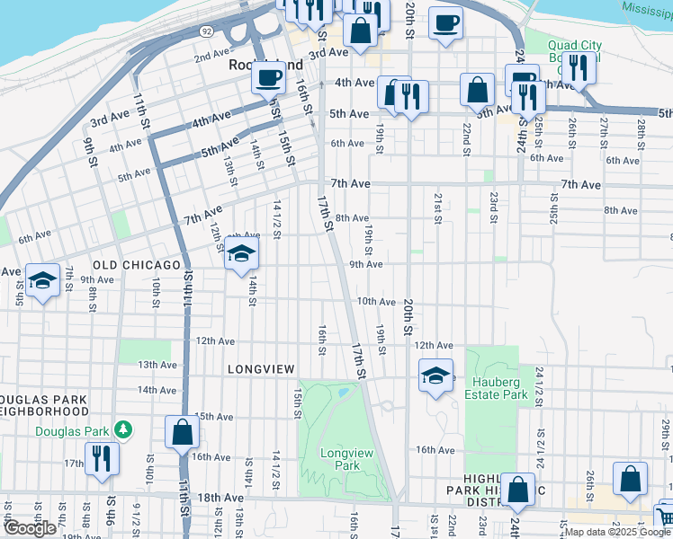 map of restaurants, bars, coffee shops, grocery stores, and more near 902 17th Street in Rock Island