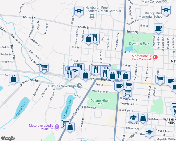 map of restaurants, bars, coffee shops, grocery stores, and more near 19 Fullerton Avenue in Newburgh