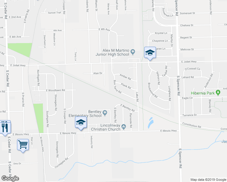 map of restaurants, bars, coffee shops, grocery stores, and more near 727 Bon Terre Road in New Lenox