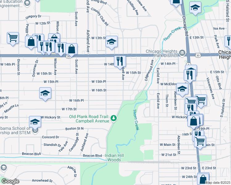map of restaurants, bars, coffee shops, grocery stores, and more near 230 West 16th Street in Chicago Heights