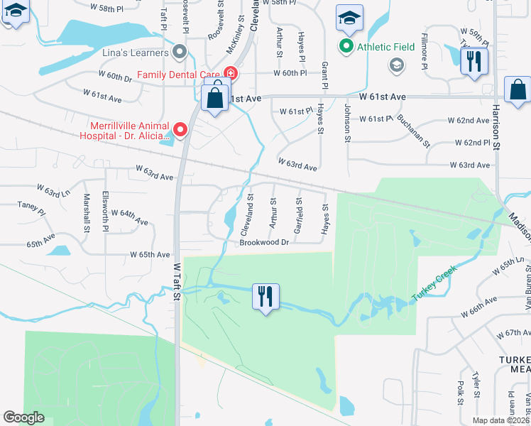 map of restaurants, bars, coffee shops, grocery stores, and more near 6340 Arthur Street in Merrillville