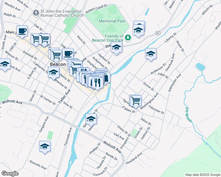 map of restaurants, bars, coffee shops, grocery stores, and more near 15 East Main Street in Beacon