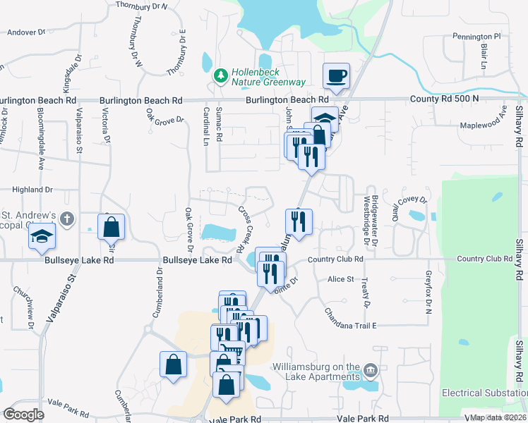 map of restaurants, bars, coffee shops, grocery stores, and more near 3745 Chimney Hill Dr in Valparaiso