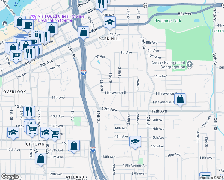 map of restaurants, bars, coffee shops, grocery stores, and more near 1140 23rd Street in Moline