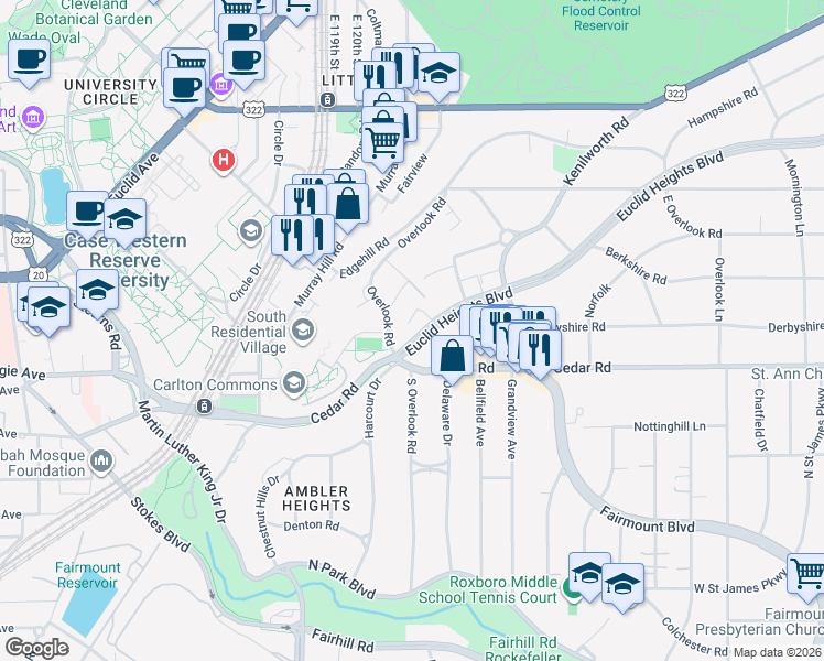 map of restaurants, bars, coffee shops, grocery stores, and more near 2325 Euclid Heights Boulevard in Cleveland Heights