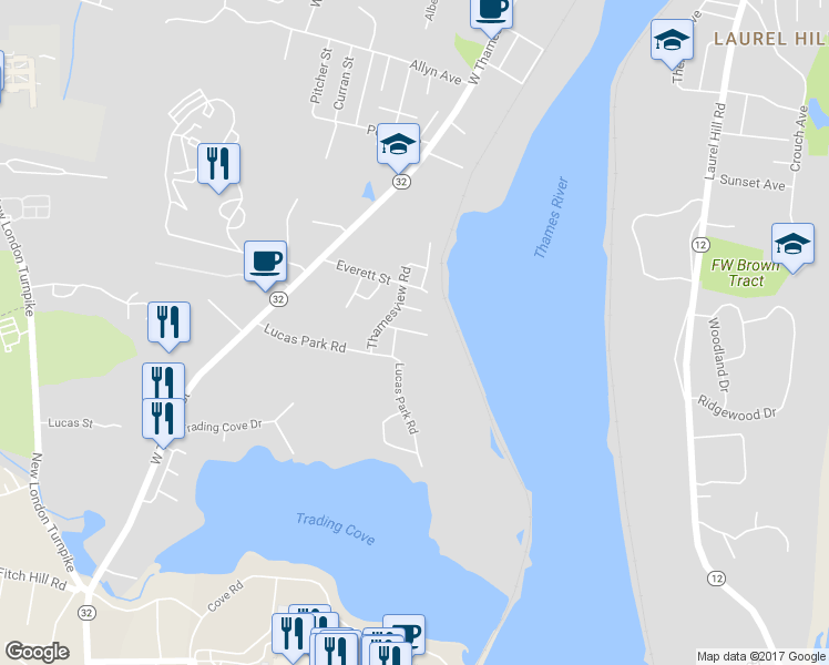 map of restaurants, bars, coffee shops, grocery stores, and more near 20 Waldo Road in Norwich