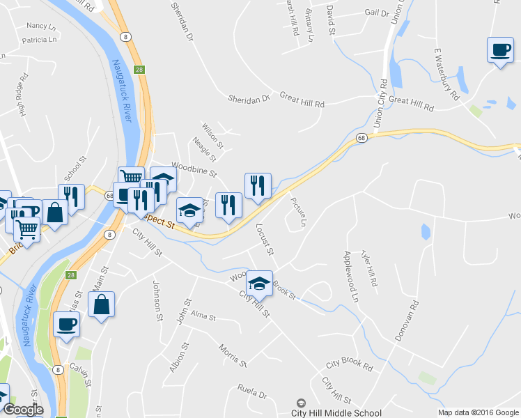 map of restaurants, bars, coffee shops, grocery stores, and more near 218 Prospect St in Naugatuck