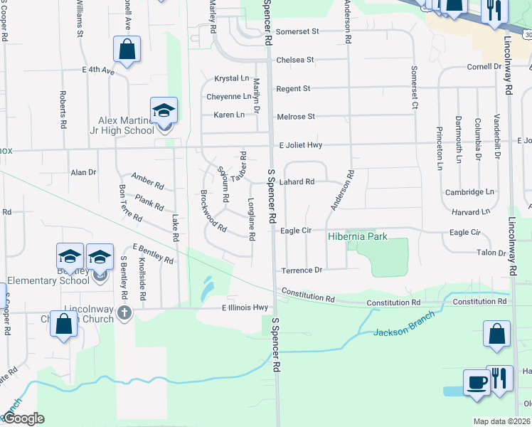 map of restaurants, bars, coffee shops, grocery stores, and more near 762 Longlane Road in New Lenox