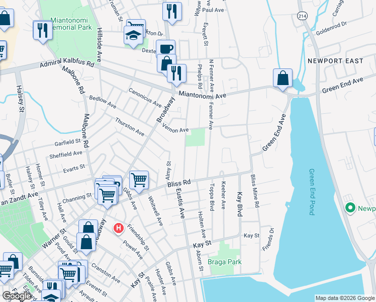 map of restaurants, bars, coffee shops, grocery stores, and more near 24 Freeborn Street in Newport