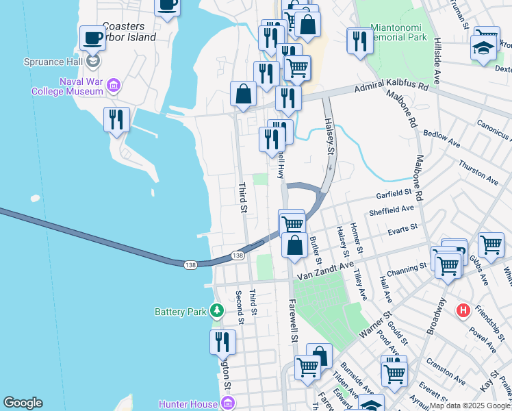 map of restaurants, bars, coffee shops, grocery stores, and more near 7 Dyers Gate Road in Newport