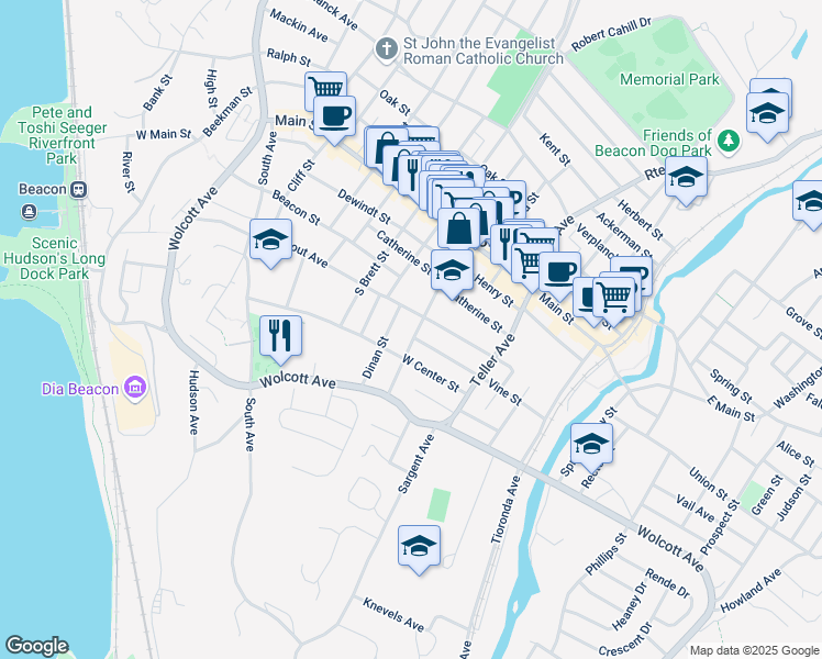 map of restaurants, bars, coffee shops, grocery stores, and more near 26 Dinan Street in Beacon