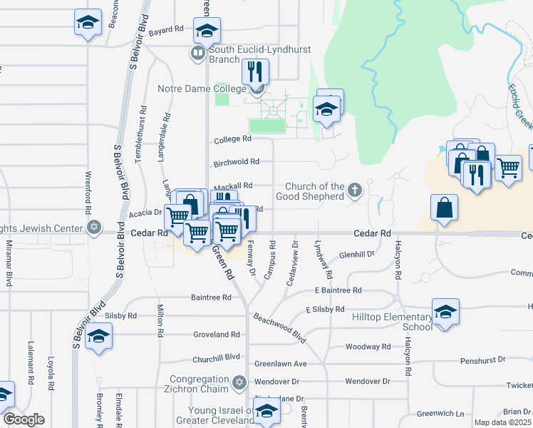 map of restaurants, bars, coffee shops, grocery stores, and more near 2122 Campus Road in Cleveland