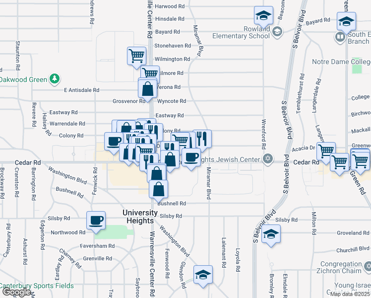 map of restaurants, bars, coffee shops, grocery stores, and more near 4054 Okalona Road in South Euclid