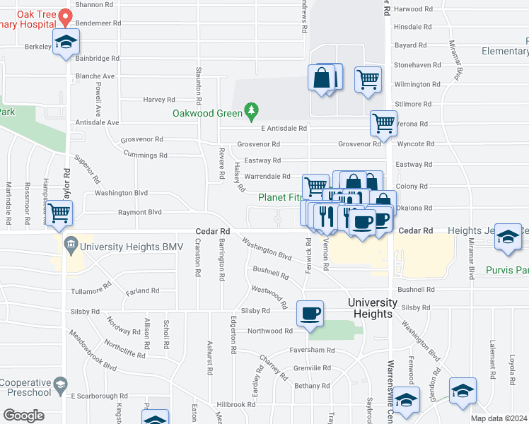 map of restaurants, bars, coffee shops, grocery stores, and more near 13777 Cedar Road in South Euclid
