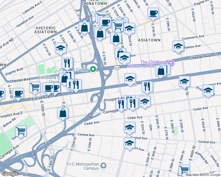 map of restaurants, bars, coffee shops, grocery stores, and more near 2800 Euclid Avenue in Cleveland
