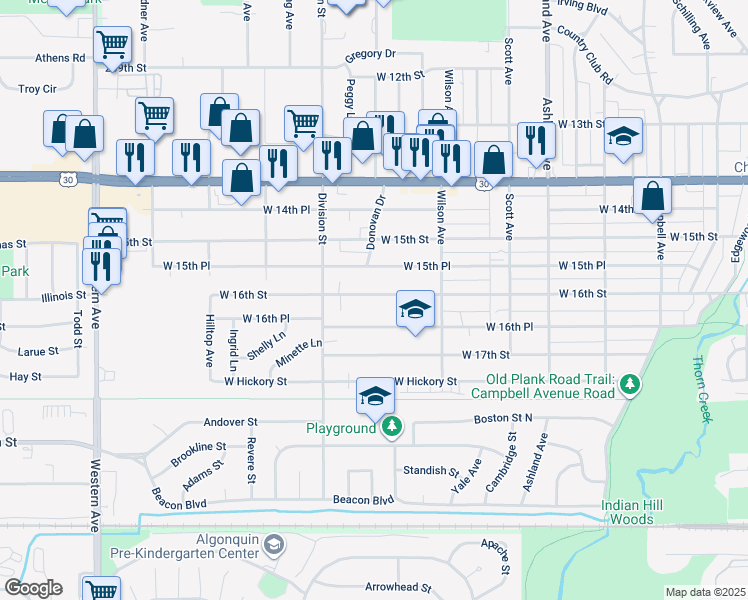 map of restaurants, bars, coffee shops, grocery stores, and more near 470 West 16th Street in Chicago Heights