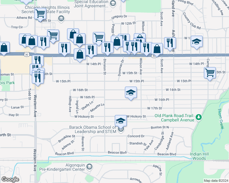 map of restaurants, bars, coffee shops, grocery stores, and more near 470 West 16th Street in Chicago Heights