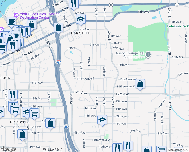 map of restaurants, bars, coffee shops, grocery stores, and more near 2401-2439 11th Avenue B in Moline