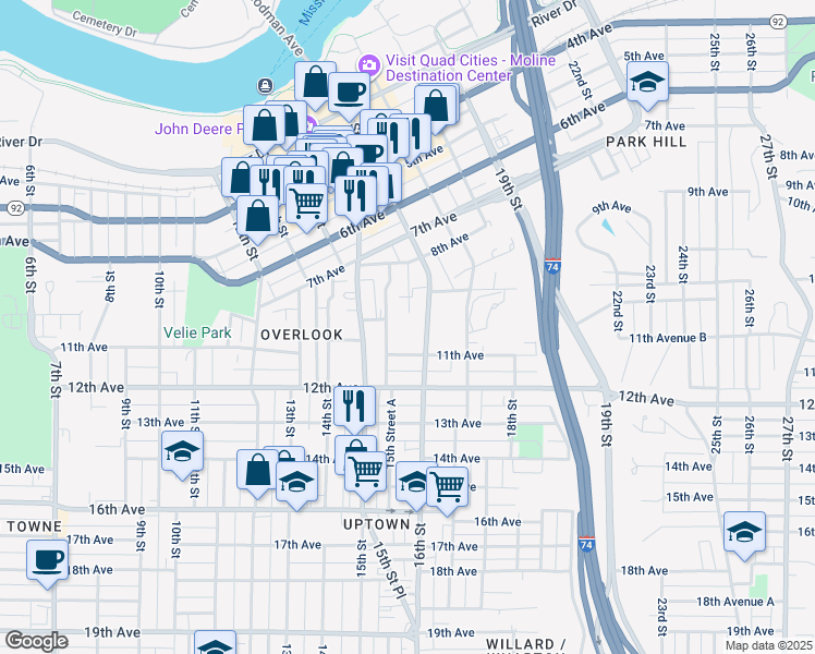 map of restaurants, bars, coffee shops, grocery stores, and more near 1520 10th Avenue in Moline