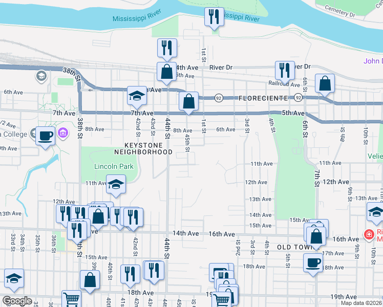 map of restaurants, bars, coffee shops, grocery stores, and more near 921 45th Street in Rock Island