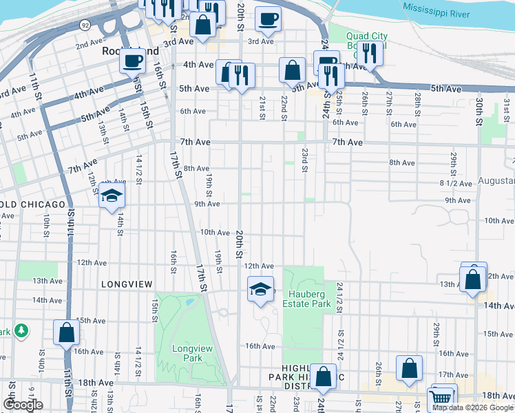 map of restaurants, bars, coffee shops, grocery stores, and more near 905 20th Street in Rock Island