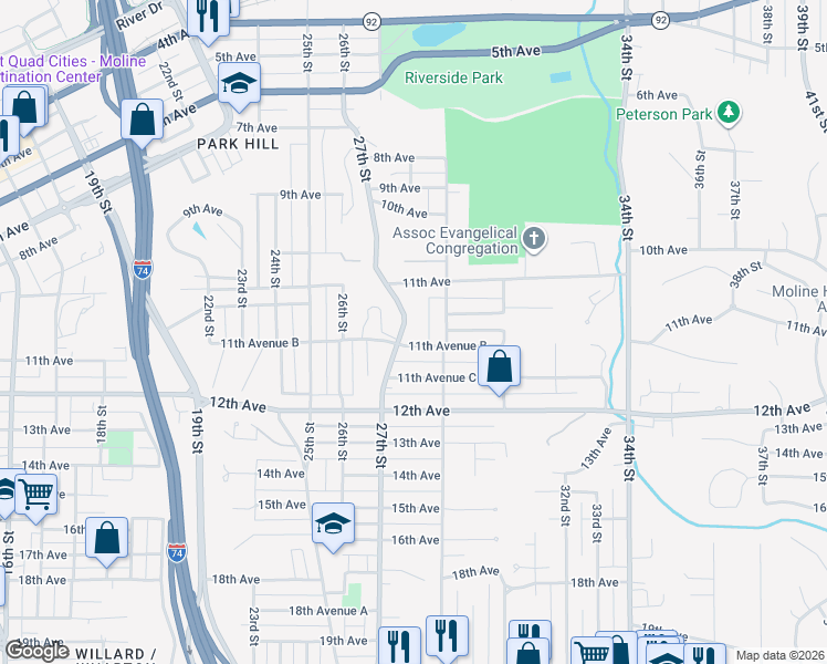 map of restaurants, bars, coffee shops, grocery stores, and more near 2717 11th Avenue B in Moline