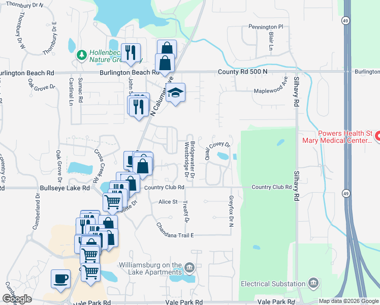 map of restaurants, bars, coffee shops, grocery stores, and more near 3702 Westbridge Drive in Valparaiso