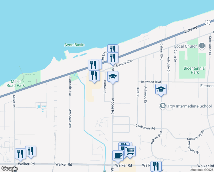 map of restaurants, bars, coffee shops, grocery stores, and more near 162 Moore Road in Avon Lake