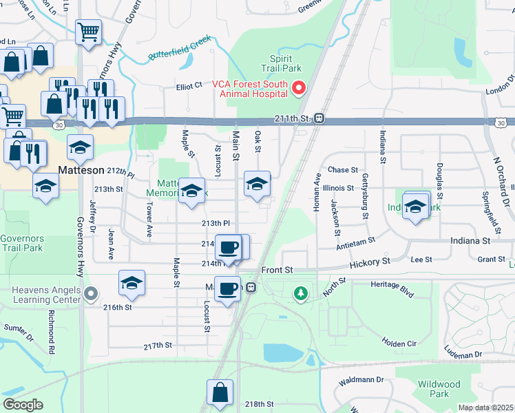 map of restaurants, bars, coffee shops, grocery stores, and more near 21245 Main Street in Matteson