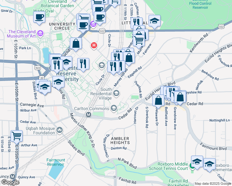 map of restaurants, bars, coffee shops, grocery stores, and more near 2265 Murray Hill Road in Cleveland