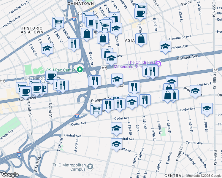 map of restaurants, bars, coffee shops, grocery stores, and more near 3122 Euclid Avenue in Cleveland
