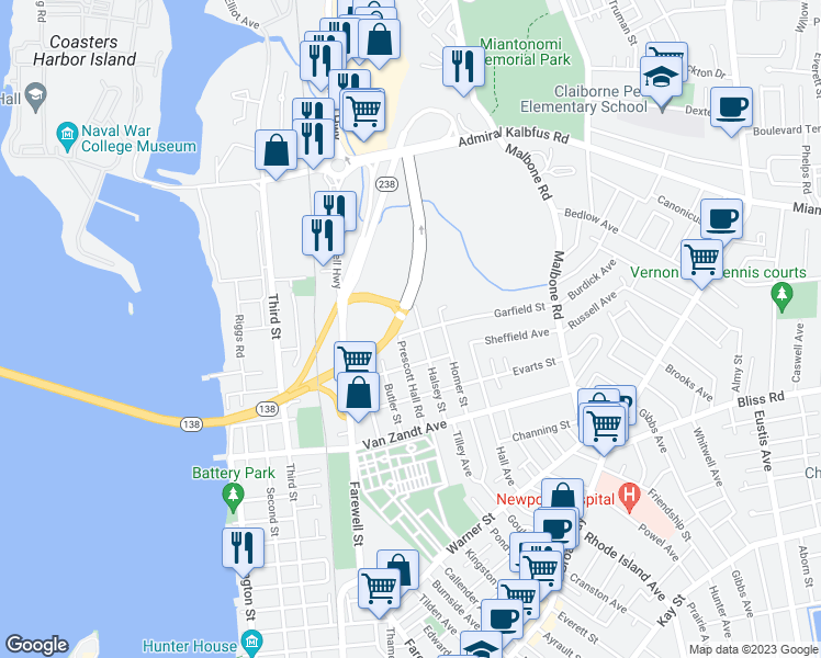 map of restaurants, bars, coffee shops, grocery stores, and more near 77 Garfield Street in Newport