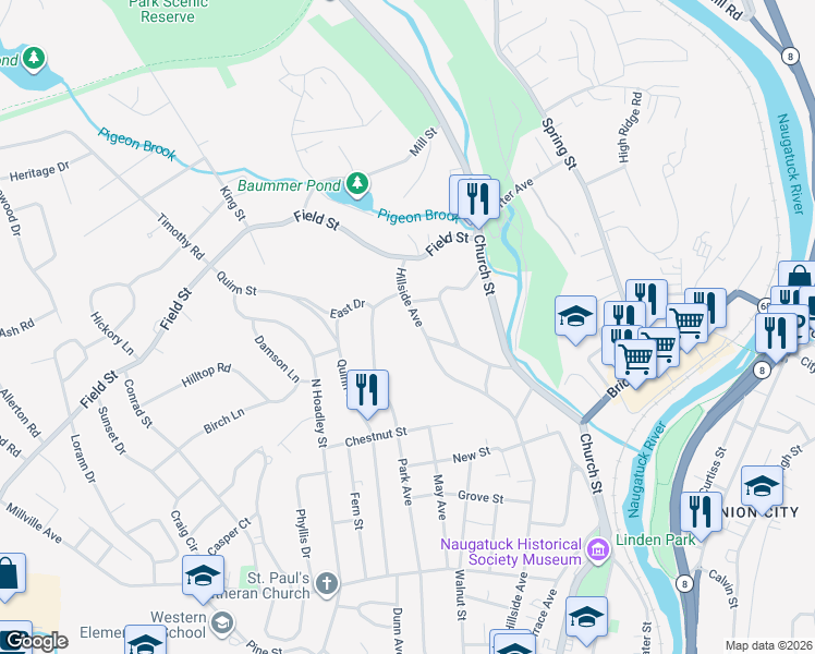 map of restaurants, bars, coffee shops, grocery stores, and more near 524 Hillside Avenue in Naugatuck