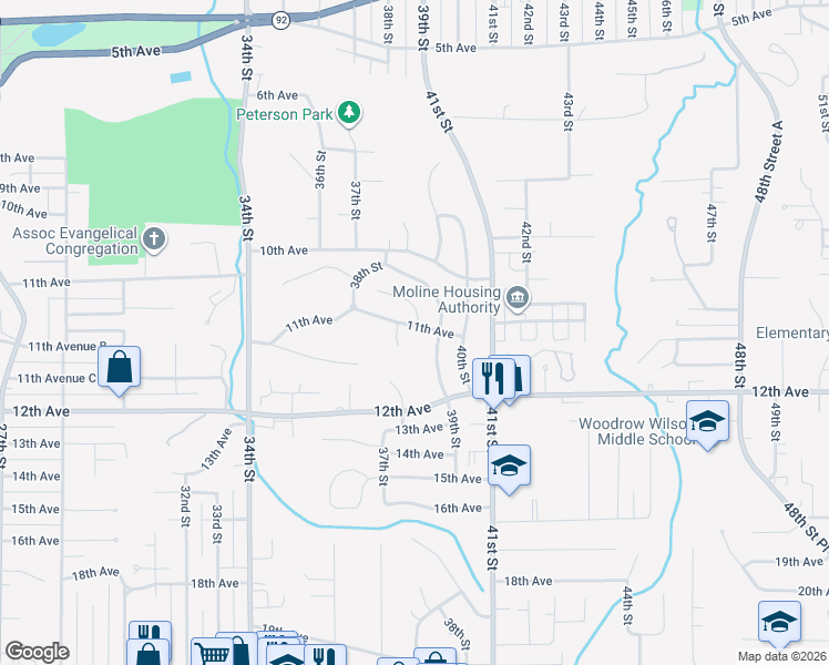 map of restaurants, bars, coffee shops, grocery stores, and more near 3822 11th Avenue in Moline