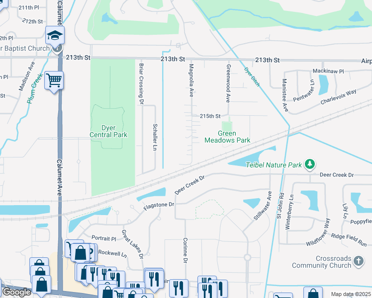 map of restaurants, bars, coffee shops, grocery stores, and more near 1608 Magnolia Avenue in Dyer