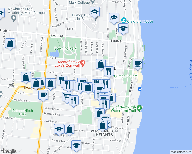map of restaurants, bars, coffee shops, grocery stores, and more near 56 Lander Street in Newburgh