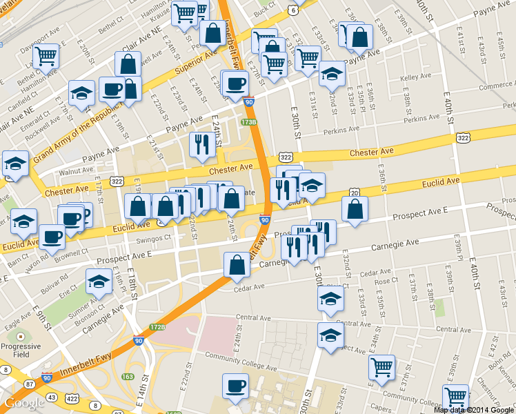 map of restaurants, bars, coffee shops, grocery stores, and more near 2401 Euclid Ave in Cleveland