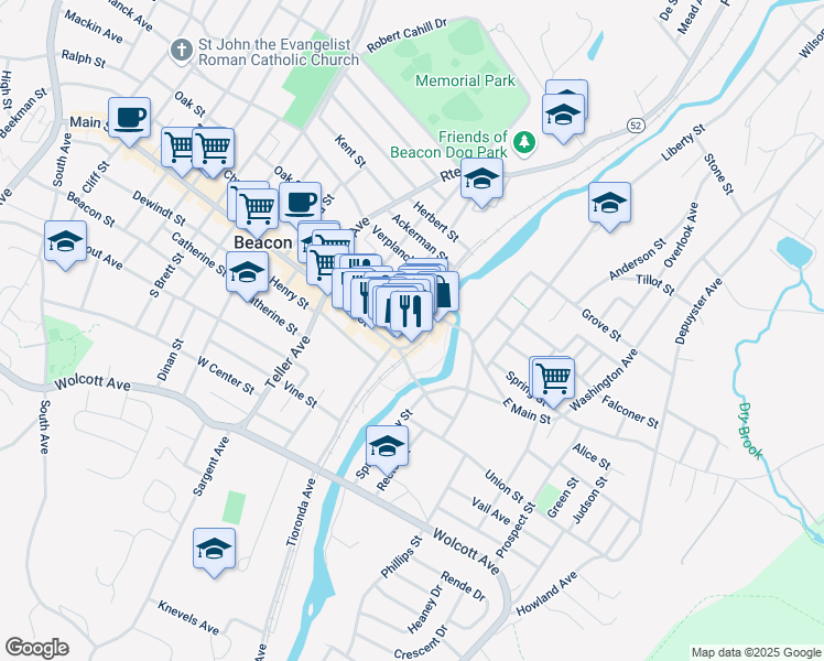 map of restaurants, bars, coffee shops, grocery stores, and more near 3 South Street in Beacon