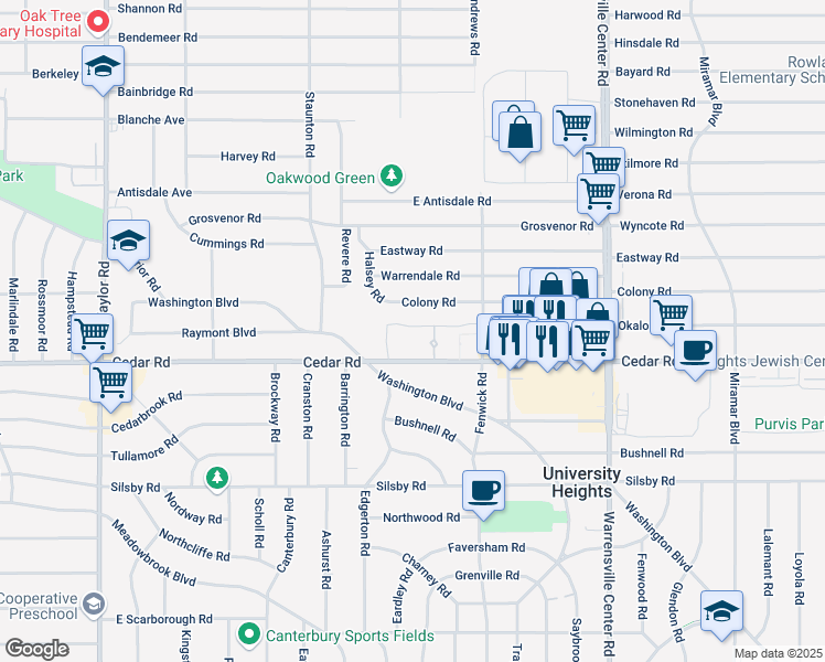 map of restaurants, bars, coffee shops, grocery stores, and more near 13777 Cedar Road in South Euclid