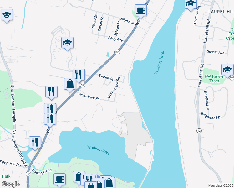 map of restaurants, bars, coffee shops, grocery stores, and more near 23 Waldo Road in Norwich