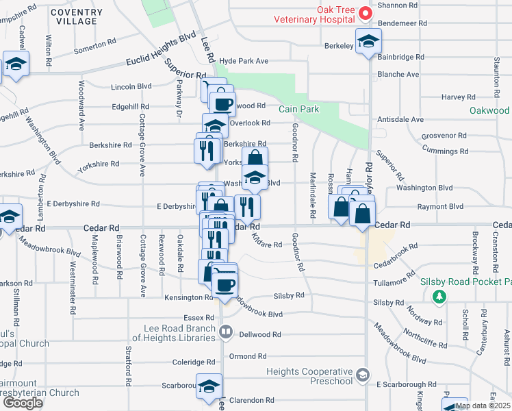 map of restaurants, bars, coffee shops, grocery stores, and more near 13263 Cedar Road in Cleveland Heights