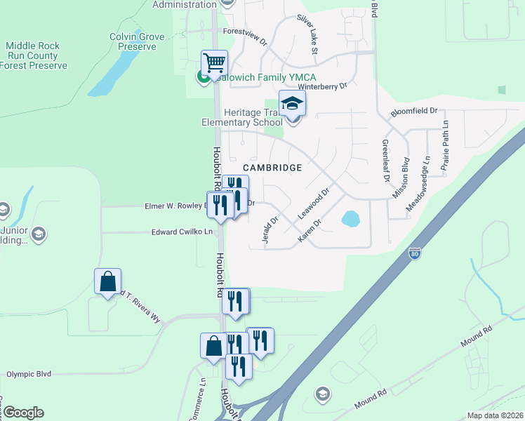 map of restaurants, bars, coffee shops, grocery stores, and more near 1102 Loren Drive in Joliet