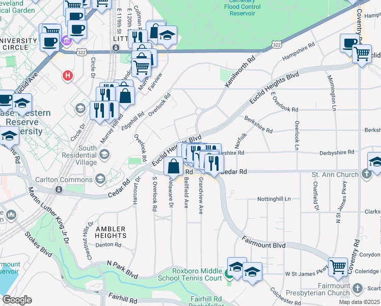 map of restaurants, bars, coffee shops, grocery stores, and more near 2105 Lennox Road in Cleveland Heights